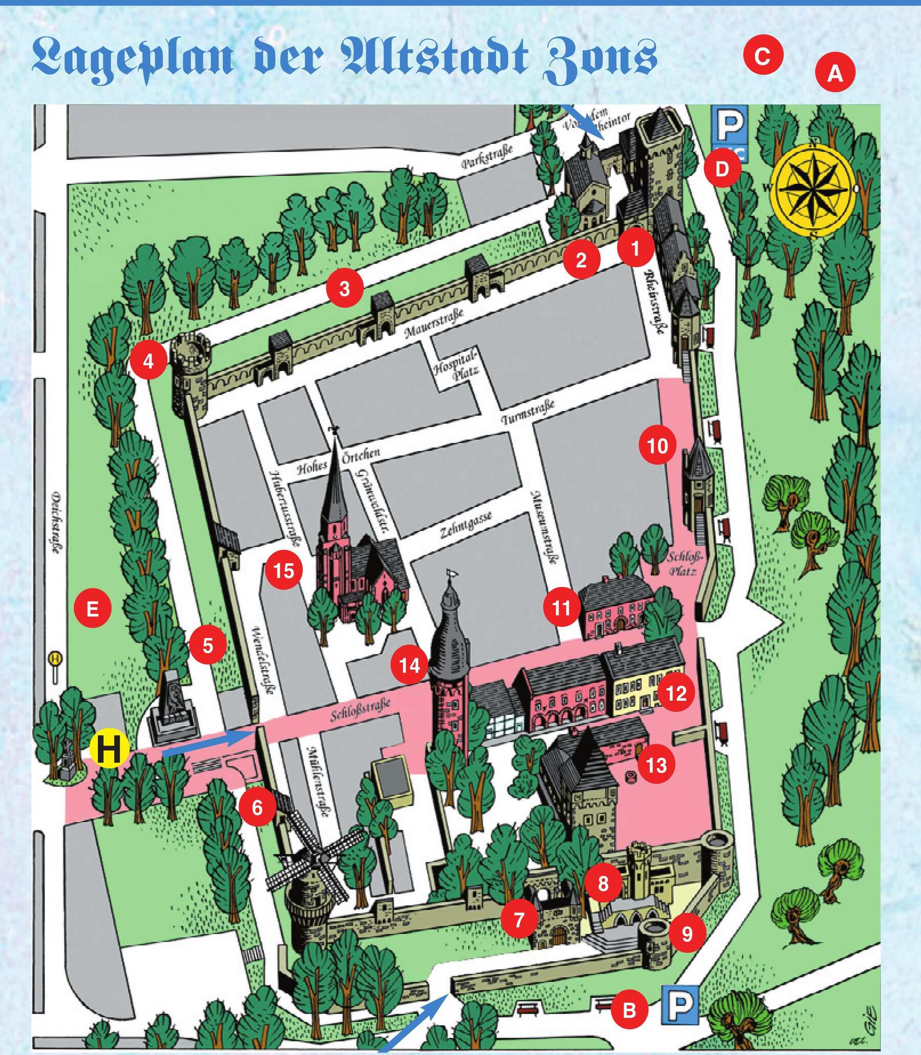 Lageplan der Altstadt Zons mit Sehenswürdigkeiten, Parkplätzen und Bushaltestellen